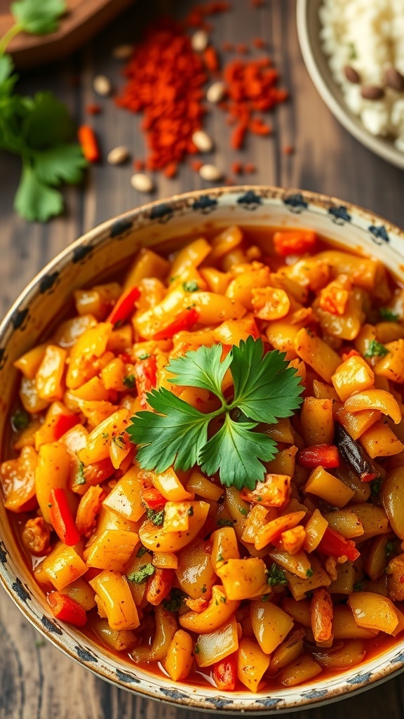 A bowl of spicy onion masala with golden onions and spices, garnished with coriander on a rustic table.